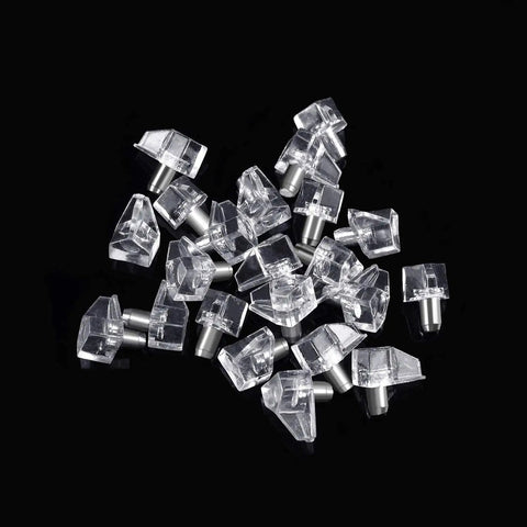 100 Pack Clear Pvc And Steel Shelf Pegs With Dead Simple Install And Rock Solid Grip for cabinets, displayed on black background.