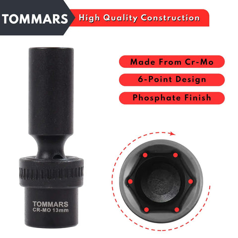 Three Eighths Inch Drive Universal Swivel Impact Socket Set Deep 6 Point Wobble Flexible Metric Ten To Nineteen Millimeter For Pros In The Shop Fits All Three Eighths Inch Ratchets And Pneumatic Tools Pro Grade Chromoly Steel, 13mm Cr-Mo 6-point impact socket