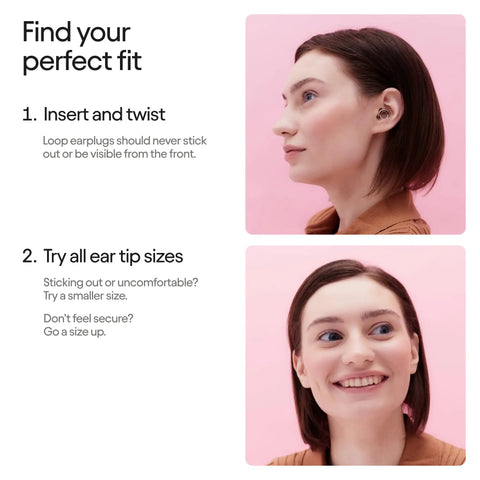 Woman demonstrating proper fit of Experience 2 Ear Plugs For Concerts And Festivals, High Fidelity 17dB Noise Reduction in ears