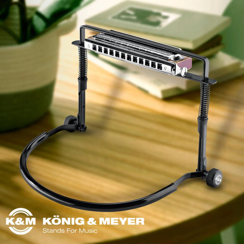 Hands Free Harmonica Holder With Adjustable Neck Frame For Musicians Industry Standard Go To Sturdy Harp Stand Fits Most Harps Pro Grade German Made Black on table.