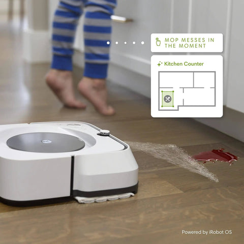 Smart Mapping Robotic Mop With WiFi Connectivity And Jet Spray For Multi Room Cleaning That Recharges And Resumes, Works With Alexa, Great For Hardwood Tile And Stone Floors, White, mopping liquid spill next to child.