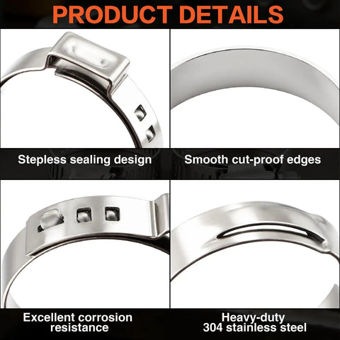 Close-up details of 560 Piece Stepless Single Ear Hose Clamp Kit With Pliers, 22 Sizes, 304 Stainless Steel, showing design features.