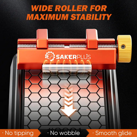 Adjustable Chisel Sharpening Jig And Honing Guide Tool For Woodworkers showing wide roller for stability on blades.