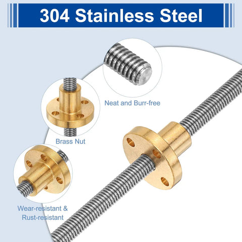 150mm TR6x1 Lead Screw With Brass Nut For 3D Printer Upgrade, 1mm Pitch, 304 Stainless Steel Screw Rod, Brass Nut, Silver