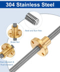 Two 150mm TR6x1 Lead Screws With Brass Nut For 3D Printer Upgrades, 1mm Pitch And 1mm Lead, 1 Start, 304 Stainless Steel Rods