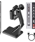 Arrowmax Mini Electric Drill Press With Benchtop Stand showing parts including micro drill, mounting bracket, and USB cable.
