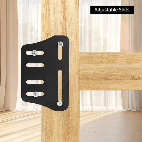 Close-up of Rock Solid Bed Frame Brackets 2 Pcs Heavy Steel Headboard Footboard Connectors for Wood Furniture with adjustable slots.