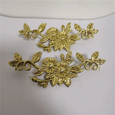 Retro Brass Drawer Knob With Double Hole Mount, Pure Copper Gold Hollow Flower Cabinet Pull on white background