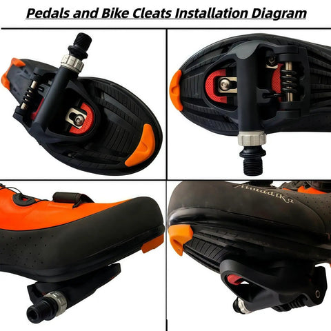 Diagram showing installation of 3 In 1 Indoor Cycling Pedals With Look Delta Compatibility, Clips And Cleats, 9 Sixteenths Inch