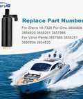 Low Pressure Marine Fuel Pump Replacement for Volvo Penta OMC Mercruiser Stern Drives, boat and part numbers in background