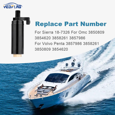Low Pressure Marine Fuel Pump Replacement for Volvo Penta OMC Mercruiser Stern Drives, boat and part numbers in background