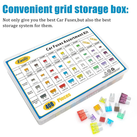 Keep Your Daily Driver Running Smooth With This Nifty 408 Piece Standard Mini And Micro2 Blade Fuse Assortment Kit Featuring Slick Color Coded Replacement Fuses For Fast Fixes On Cars Trucks Rvs And Boats With Puller. Storage box with assorted fuses.