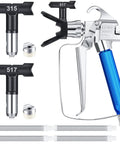 Heavy Duty Airless Paint Sprayer Gun Setup With Sturdy Nozzle Guard And Two Reversible Tips In 517 And 315 Sizes Plus Four Filter Screens for smooth painting.