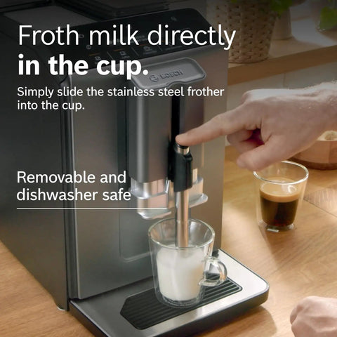 One Touch Espresso And Coffee Maker With Ceramic Grinder Barista Style Milk Froth Bean To Cup Brewing Silver TIU20307 in use