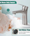 Brushed Nickel Single Handle Bathroom Faucet Heavy Duty Cold Water Design With Rock Solid Stainless Steel Build And Rust Proof Finish That Flows Smooth and Holds Up Nicely Over The Years, 10.5cm height, water flowing.