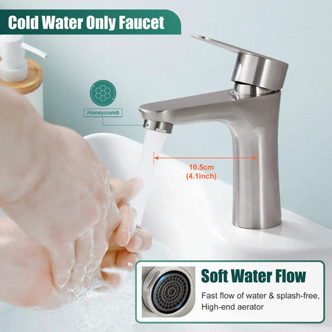 Brushed Nickel Single Handle Bathroom Faucet Heavy Duty Cold Water Design With Rock Solid Stainless Steel Build And Rust Proof Finish That Flows Smooth and Holds Up Nicely Over The Years, 10.5cm height, water flowing.