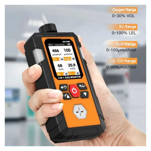 Hand holding All In One 4 In 1 Gas Leak Detector With Oxygen O2 Ex Hydrogen Sulfide H2S And Carbon Monoxide CO Portable Monitor