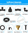 Outdoor Misting System For Patio And Garden With 100 Foot Misting Line, 30 Brass Mister Heads, 3/4 Inch Adapters, and Elbows