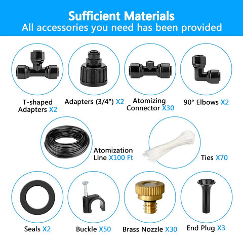Outdoor Misting System For Patio And Garden With 100 Foot Misting Line, 30 Brass Mister Heads, 3/4 Inch Adapters, and Elbows