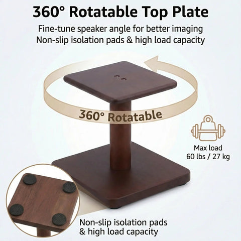 Solid Wood Desktop Speaker Stands With Natural Style And 360 Degree Rotatable Top Plate For Medium To Large Desk Speakers And Studio Monitors In Walnut Brown Finish. Image showing 360° rotatable top plate and non-slip pads.