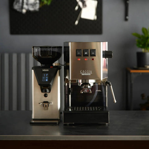 Professional Italian Crafted Stepless Micrometric Espresso And Coffee Grinder Featuring Brushed Steel Housing And Programmable Dosing For Barista Quality Single Or Double Shots That Hit Different Daily on kitchen counter.
