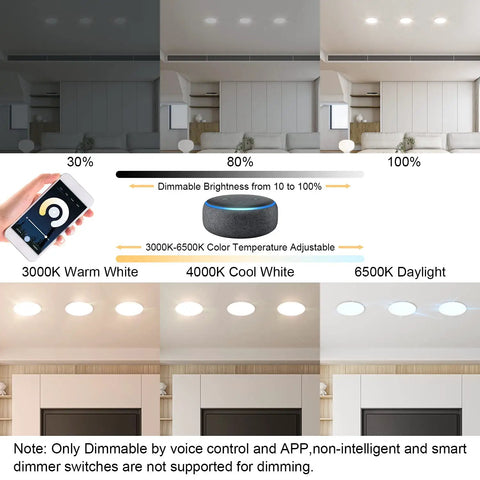 Brightness and color temperature settings for 4-Inch Smart Recessed LED Lights With Junction Box, RGB Color Changing Downlights, 9W 600LM