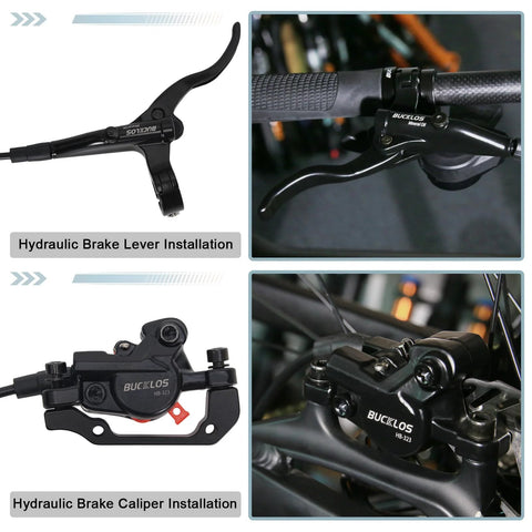 Bucklos hydraulic disc brake set with 160mm rotors; 2-piston calipers and aluminum levers, PM/IS adapter installed