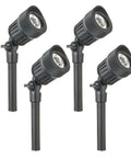 Low Voltage LED Micro Spot Light Kit 4 Pack With Aluminum Black Finish, angled view of spotlights for garden and lawn accent lighting