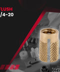 Brass Threaded Inserts For Plastic One Quarter Twenty Slotted Cold Install Flush Mount Pack Of 25 shown in detail.