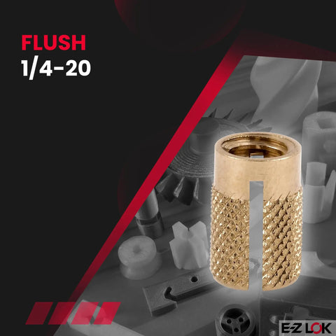 Brass Threaded Inserts For Plastic One Quarter Twenty Slotted Cold Install Flush Mount Pack Of 25 shown in detail.