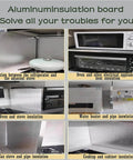 Refrigerator Side Heat Protector Board 40x30cm in kitchen setup showing insulation between stove, fridge, and cabinets, aluminum material visible