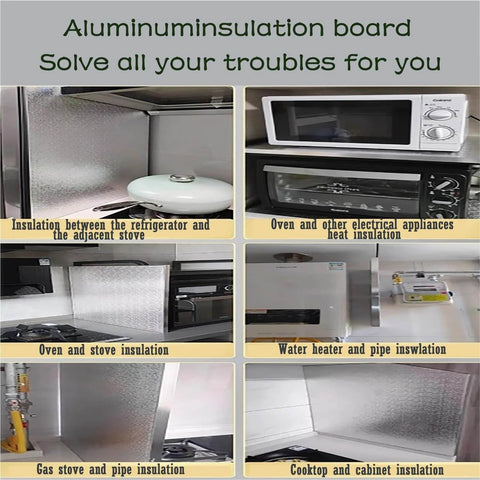 Refrigerator Side Heat Protector Board 40x30cm in kitchen setup showing insulation between stove, fridge, and cabinets, aluminum material visible