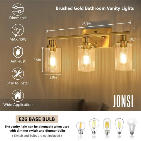 Three Light Brushed Gold Vanity Light With Fluted Glass Shades For Bathroom Modern Gold Over Mirror Fixture Elegant Satin Finish