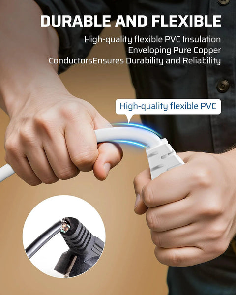 One Foot Indoor Extension Cord 14 Gauge Short Flat Plug With 3 Prongs Low Profile Angled 45 Degree Plug SJT Cable ETL Listed White 3 Pack being flexed to show PVC insulation durability