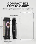 Flat EDC Flashlight Rechargeable With 1800 Lumens RGB And UV Light size comparison to smartphone