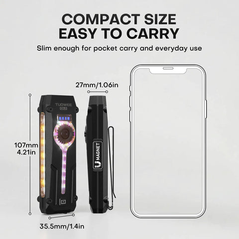 Flat EDC Flashlight Rechargeable With 1800 Lumens RGB And UV Light size comparison to smartphone
