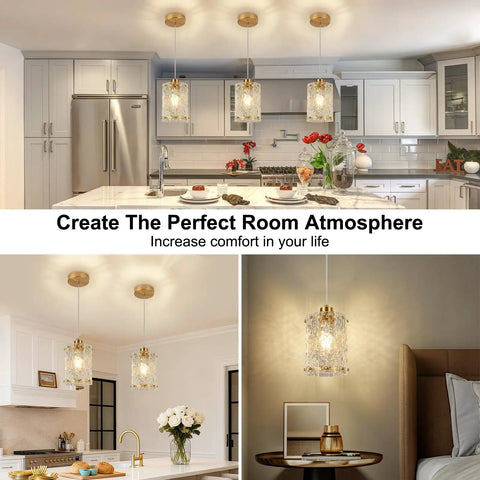 Sleek Gold Brushed Finish 2 Pack Modern Water Ripple Glass Pendant Lights With Adjustable Hanging Cords For Kitchen Island Dining Room Over Sink Super Dope Setup in kitchen and living area.