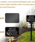 Front and back view of 2 Pack No Trespassing And No Soliciting Keep Out Sign Set For Private Property With Stake 14x10 Inches Stands About 37 Inches Tall UV Printed