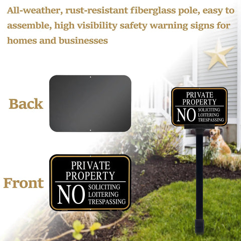 Front and back view of 2 Pack No Trespassing And No Soliciting Keep Out Sign Set For Private Property With Stake 14x10 Inches Stands About 37 Inches Tall UV Printed