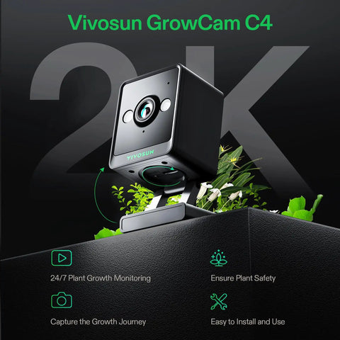 Vivosun GrowCam C4, 2K QHD Smart Grow Camera For Indoor Tents And Grow Boxes With 2.4GHz WiFi, on plant box