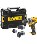 Compact 12V Cordless Drill Driver Workhorse With Offset And Right Angle Adapter Heads For Tight Squeezes No Frills Bare Unit Job Site Ready Tough As Nails Ergonomic Design High Torque Output in storage case with attachments.