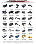 Various machine accessories for Compact 460 Mini Skid Steer Loader including bucket, trenchers, sweepers, and log splitters.