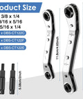 Pro Grade Refrigeration Wrench Set For HVAC Repairs, Ratchet Tool Kit With Hex Bit Adapters, size details and tool layout.