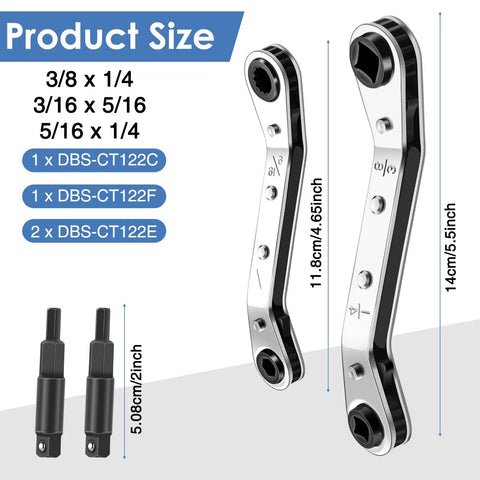 Pro Grade Refrigeration Wrench Set For HVAC Repairs, Ratchet Tool Kit With Hex Bit Adapters, size details and tool layout.