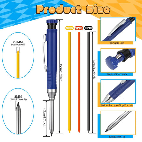Tough As Nails Carpenter Pencil Set With Built In Sharpener And Extended Needle Nose Tip For Hard To Reach Spots And Deep Hole Making 6 Pack, measuring 5 inches with rubber grip and 2.8 mm refill.