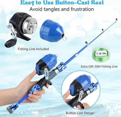Kids Telescopic Fishing Rod And Spincast Reel Combo Kit with button cast design and extra line for youth beginners.