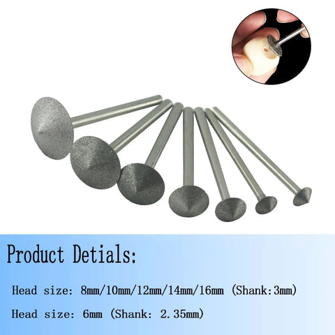 Umbrella Shape Diamond Burr Set For Rotary Tools, 7 Pc 240 Grit With One Eighth Inch Shank, laid out 6mm to 16mm sizes