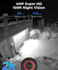 Black and white image showing outdoor 4MP WiFi security camera with night vision, capturing snowy yard, illustrating IP66 build.