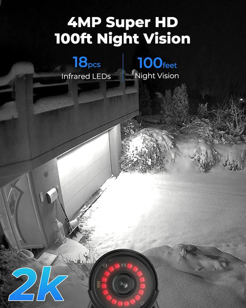 Black and white image showing outdoor 4MP WiFi security camera with night vision, capturing snowy yard, illustrating IP66 build.