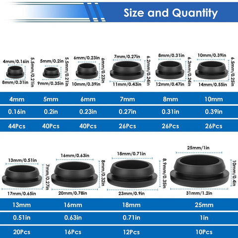 260 Pcs Rubber Hole Plugs Set for Round Holes, 8 Sizes, showing various diameters and quantities for DIY furniture repair